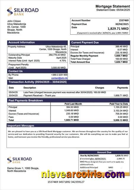North Macedonia Silk Road Bank mortgage statement Word and PDF template